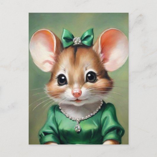  Muis w / Groene Jurk Art Briefkaart (Voorkant)