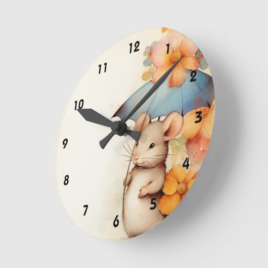 Muisblauwe paraplu sinaasappel en blauwe bloemen ronde klok (Hoek)