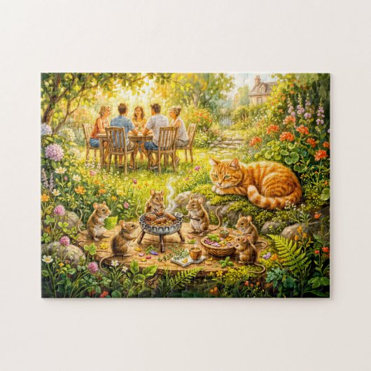 Muisentuinbarbecue met kijkende kat legpuzzel (Horizontaal)