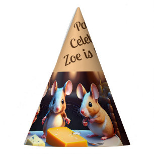 Muisfamilie aan de eettafel, Kinderen Verjaardag Feesthoedjes