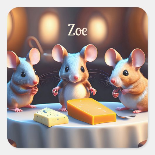 Muisfamilie aan de eettafel vierkante sticker (Voorkant)