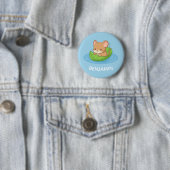Muisje in een bladbootje blauw aangepaste naam ronde button 5,7 cm (In situ)