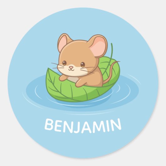 Muisje in een bladbootje blauw aangepaste naam ronde sticker (Voorkant)