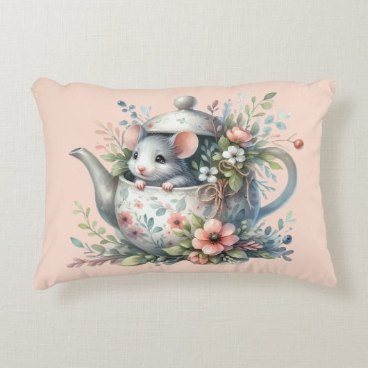 Muisje in Theepot met Bloemen Illustratie Accent Kussen (Voorkant)