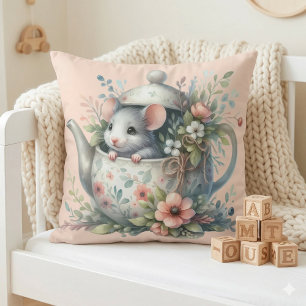Muisje in Theepot met Bloemen Illustratie Kussen