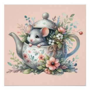 Muisje in Theepot met Bloemen Illustratie Perfect Poster