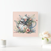 Muisje in Theepot met Bloemen Illustratie Vierkante Klok (Huis)