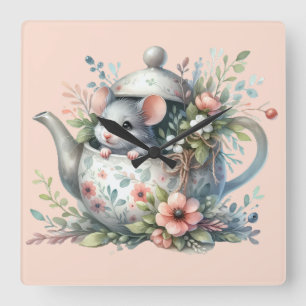 Muisje in Theepot met Bloemen Illustratie Vierkante Klok