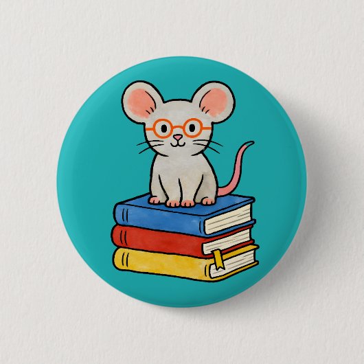 Muisje op stapel boeken ronde button 5,7 cm (Voorkant)
