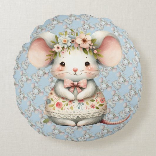 Muisjurk met bloemen Bloemenkroon Rond Kussen (Voorkant)