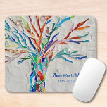 Muismat regenboogboom Yoga Instructor<br><div class="desc">Muismat regenboogboom Yoga Instructor. Dit decoratieve muispad is voorzien van een afdruk van een regenbooggekleurde boom op een bleke grijze achtergrond. Het originele ontwerp werd gemaakt in mozaïek met behulp van veel kleine fragmenten van helder gekleurd glas. U kunt dit muispad personaliseren door jouw naam en bezetting toe te voegen....</div>