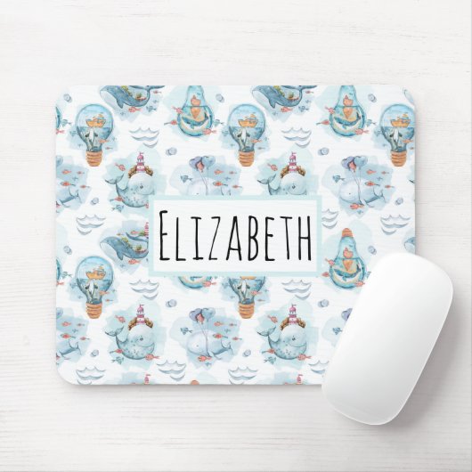 Muismat van Cute Nautical Whales Waterverf Pattern (Met muis)