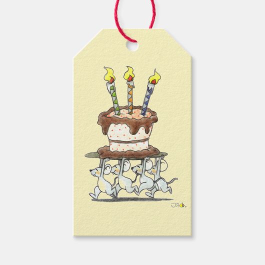 Muisparade met verjaardagstaart cadeaulabel (Voorkant)