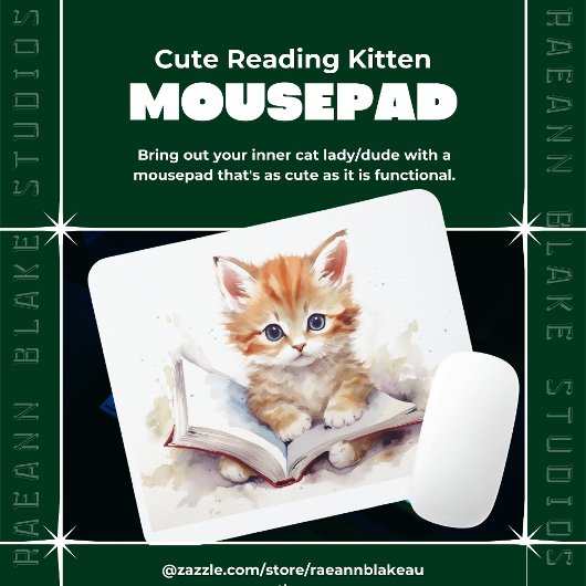 Muisplaat met knuffelkat die leest muismat