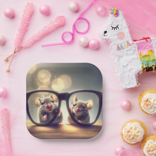 Muizen kijken door een grote bril papieren bordje (Feest)