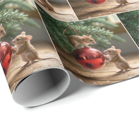 Muizen op een rood kerstornament cadeaupapier (Rol Hoek)