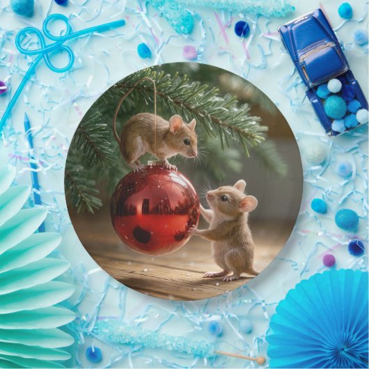 Muizen op een rood kerstornament papieren bordje (Feest)