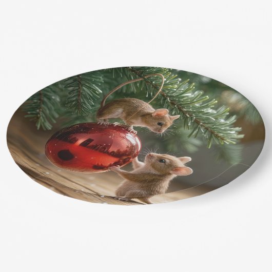 Muizen op een rood kerstornament papieren bordje (Gekanteld)