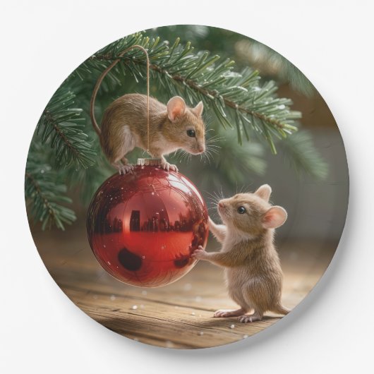Muizen op een rood kerstornament papieren bordje (Voorkant)