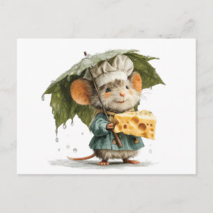 Muizenkok in de regen met bladparaplu en kaas feestdagenkaart