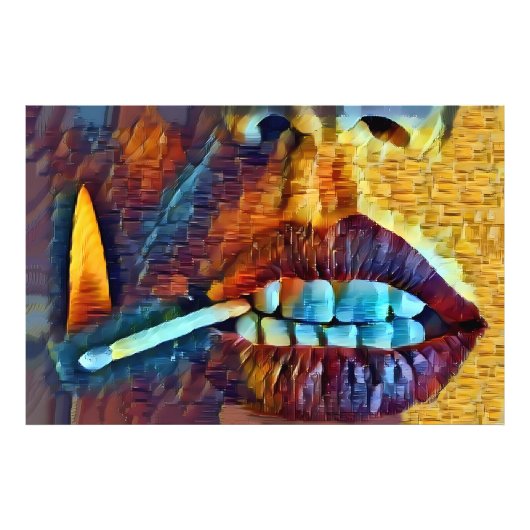 Mujer con Cerilla en la Boca Foto Afdruk (Voorkant)