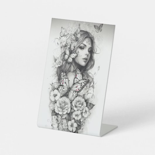 Mujer con flores reclamebord met voetstuk (Voorkant)