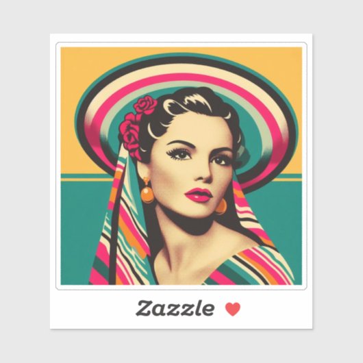 Mujer Latina con Sarape y Sombrero Sticker (Vel)