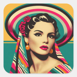 Mujer Latina con Sarape y Sombrero Vierkante Sticker
