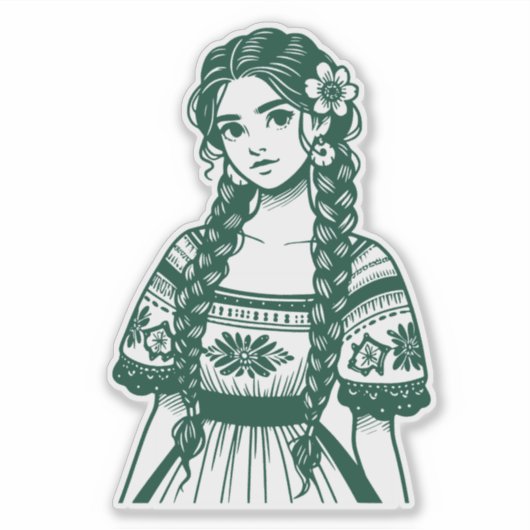 Mujer Mexicana Minimal Line Art Green Sticker (Voorkant)