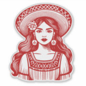 Mujer Mexicana Minimal Line Art Rode Sticker (Voorkant)