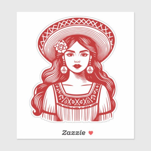 Mujer Mexicana Minimal Line Art Rode Sticker (Vel)