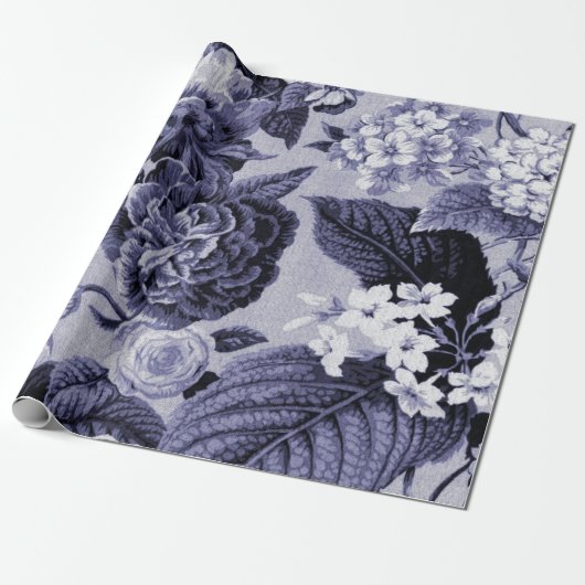 Mulberry Blue Paars  Botanic Floral Toile Cadeaupapier (Uitgerold)