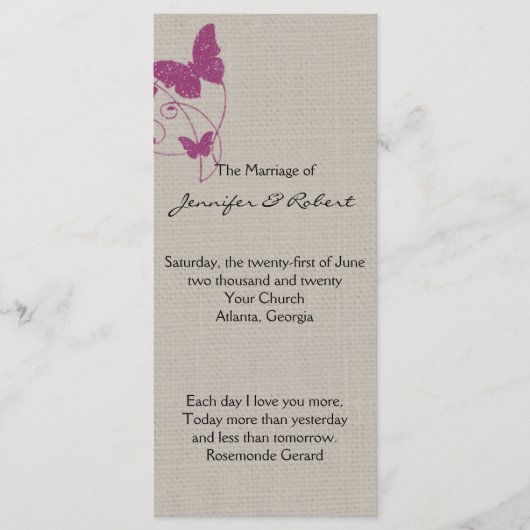 Mulberry glitter vlinder linnen bruiloft programma programmakaart (Voorkant)