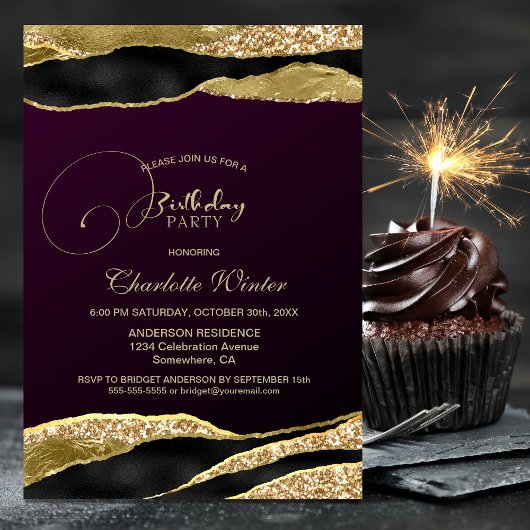 Mulberry Gold Glitter Birthday Party Kaart