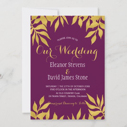 Mulberry goud verlaat herfst trendy bruiloft kaart (Voorkant)