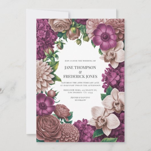 Mulberry, Mauve Clay & Soft Fig Wedding Invitation Kaart (Voorkant)