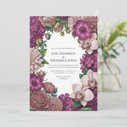 Mulberry, Mauve Clay & Soft Fig Wedding Invitation Kaart (Staand voorkant)