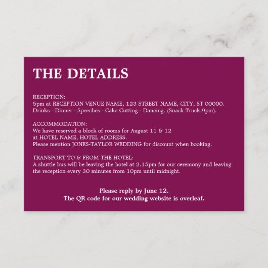 Mulberry Wine QR Code Trouwdetails Kaart (Voorkant)