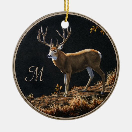 Mule Deer Buck Autumn Trophy Antlers Monogram Keramisch Ornament (Voorkant)