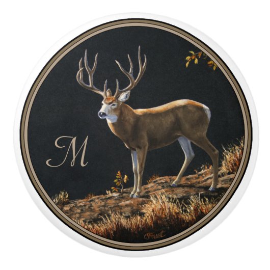 Mule Deer Buck Autumn Trophy Antlers Monogram Keramische Knop (Voorkant)