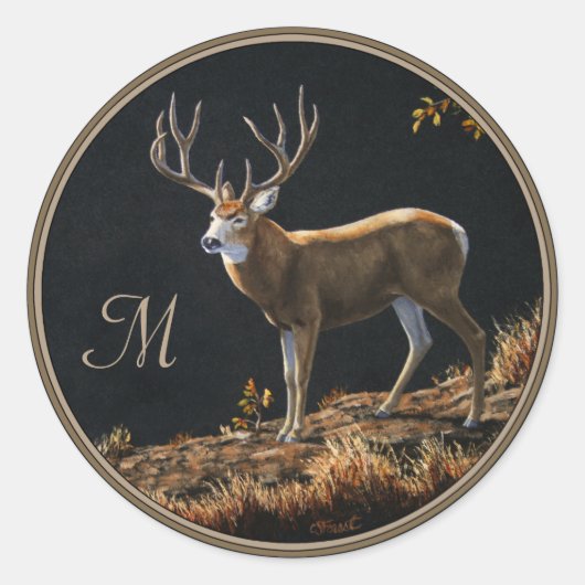 Mule Deer Buck Autumn Trophy Antlers Monogram Ronde Sticker (Voorkant)