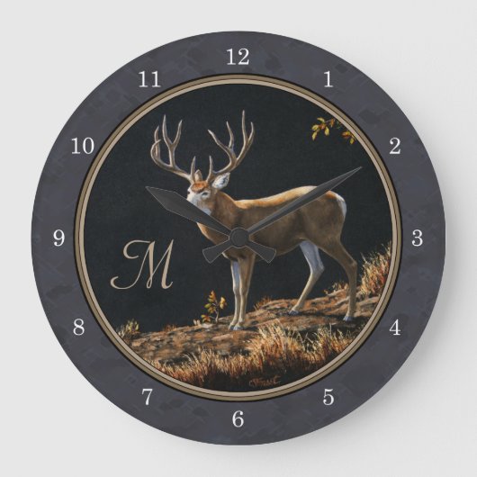 Mule Deer Buck Charcoal Gray Monogram Grote Klok (Voorkant)