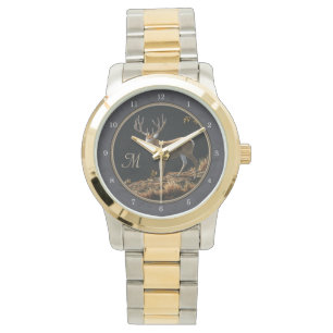 Mule Deer Buck Charcoal Gray Monogram Horloge