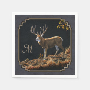 Mule Deer Buck Charcoal Gray Monogram Servet