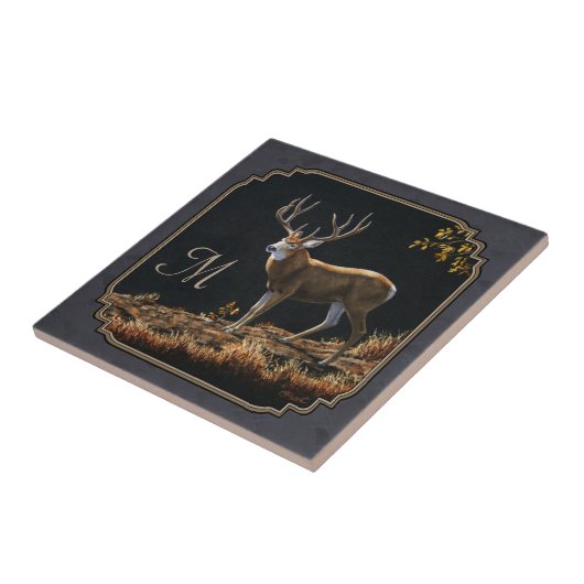Mule Deer Buck Charcoal Gray Monogram Tegeltje (Zijkant)