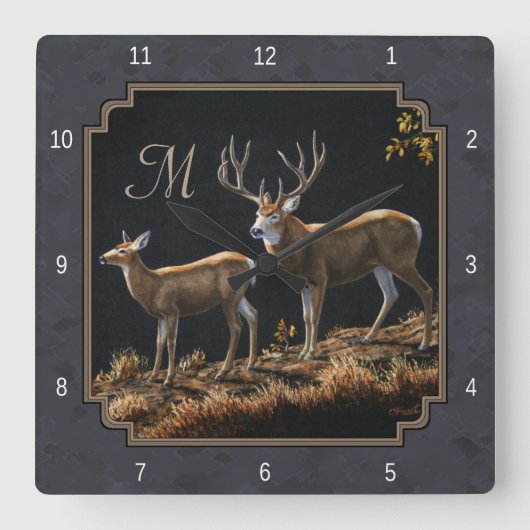 Mule Deer Buck Charcoal Gray Monogram Vierkante Klok (Voorkant)