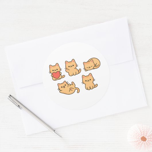 Multi-Cat Sticker – 5 Cute Kawaii Cats (Round) (Envelop)