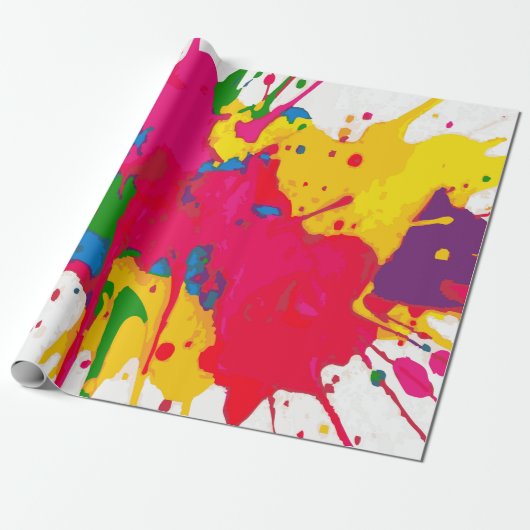 Multi-Color Paint Splat Pattern on White – Fun Cadeaupapier (Uitgerold)