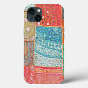 MULTI-COLORED PATCHWORK TEXTURED FABRIC-SOORT KIJK iPhone 13 HOESJE