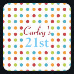 Multi-Colored Polka Dots Custom 21st Birthday Vierkante Sticker<br><div class="desc">Meerkleurig polka puntpatroon op gepersonaliseerde stickers. Personaliseer je voor de geboorte of elke gelegenheid.</div>